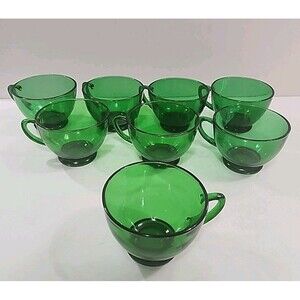 Vtg (8 oz) Anchor Hocking Set (8) Forest Green Glass Coffee Punch Tea Cups